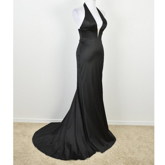 Sherri Hill 50919 Black Satin Deep V-Neck Halter Formal Gown - 2 - Picture 10 of 11